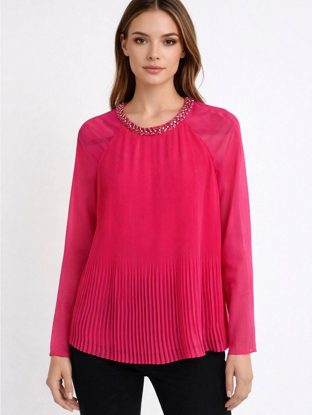 Ted Baker London "Lovina" Neon Hot Pink Accordion Pleated Bejeweled Blouse
